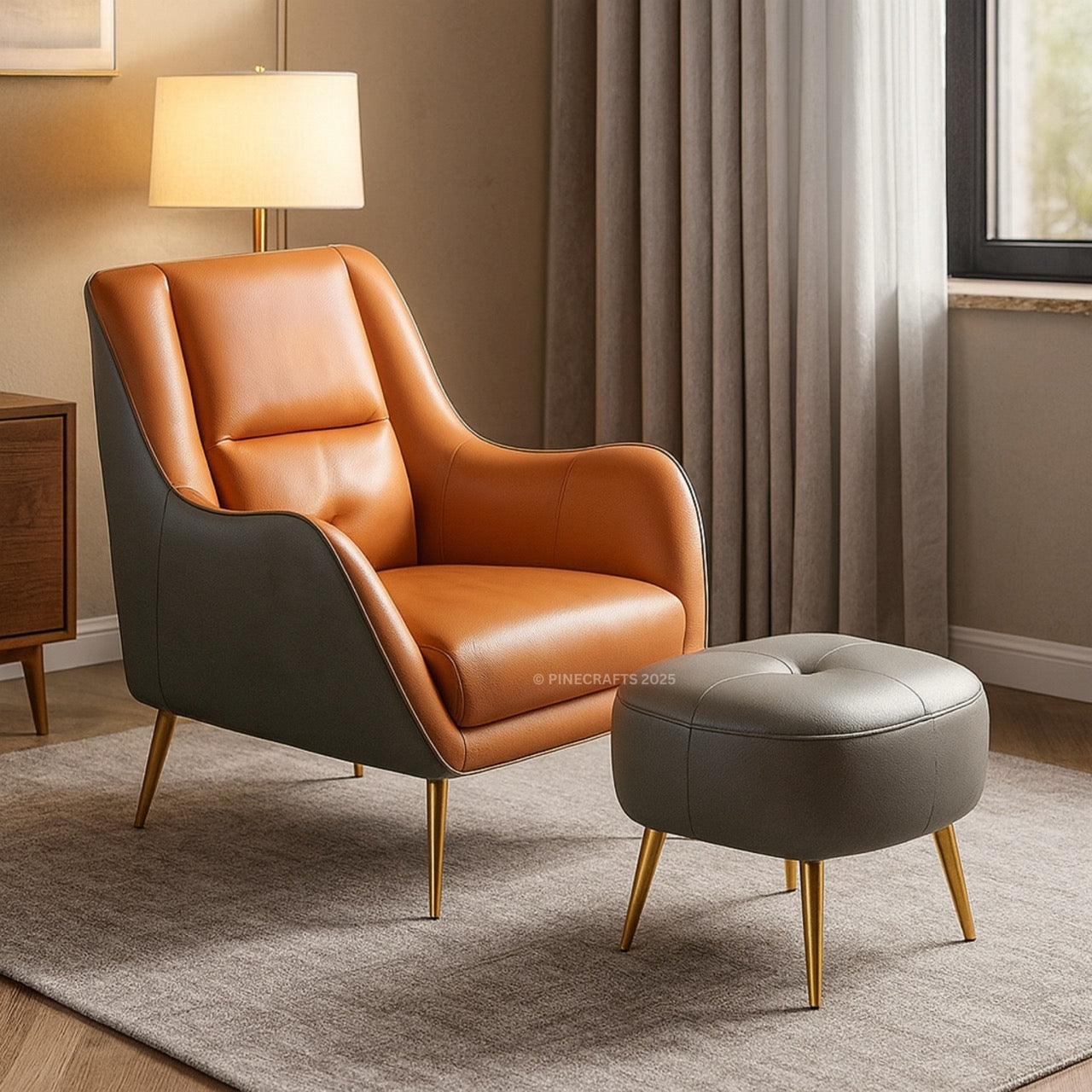 Brown leather armchair with matching ottoman in a room with curtains and a lamp.